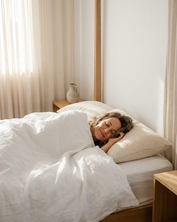 Woman sleeping peacefully in white linen